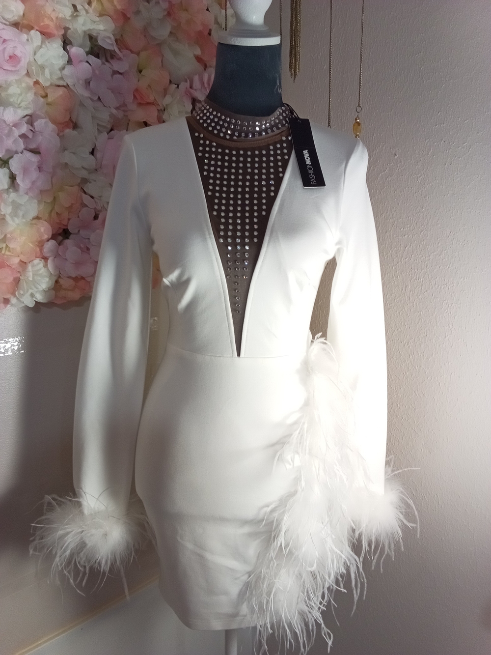 Fashion Nova White Feather-Trim Mini Dress with Studded Illusion Neckline